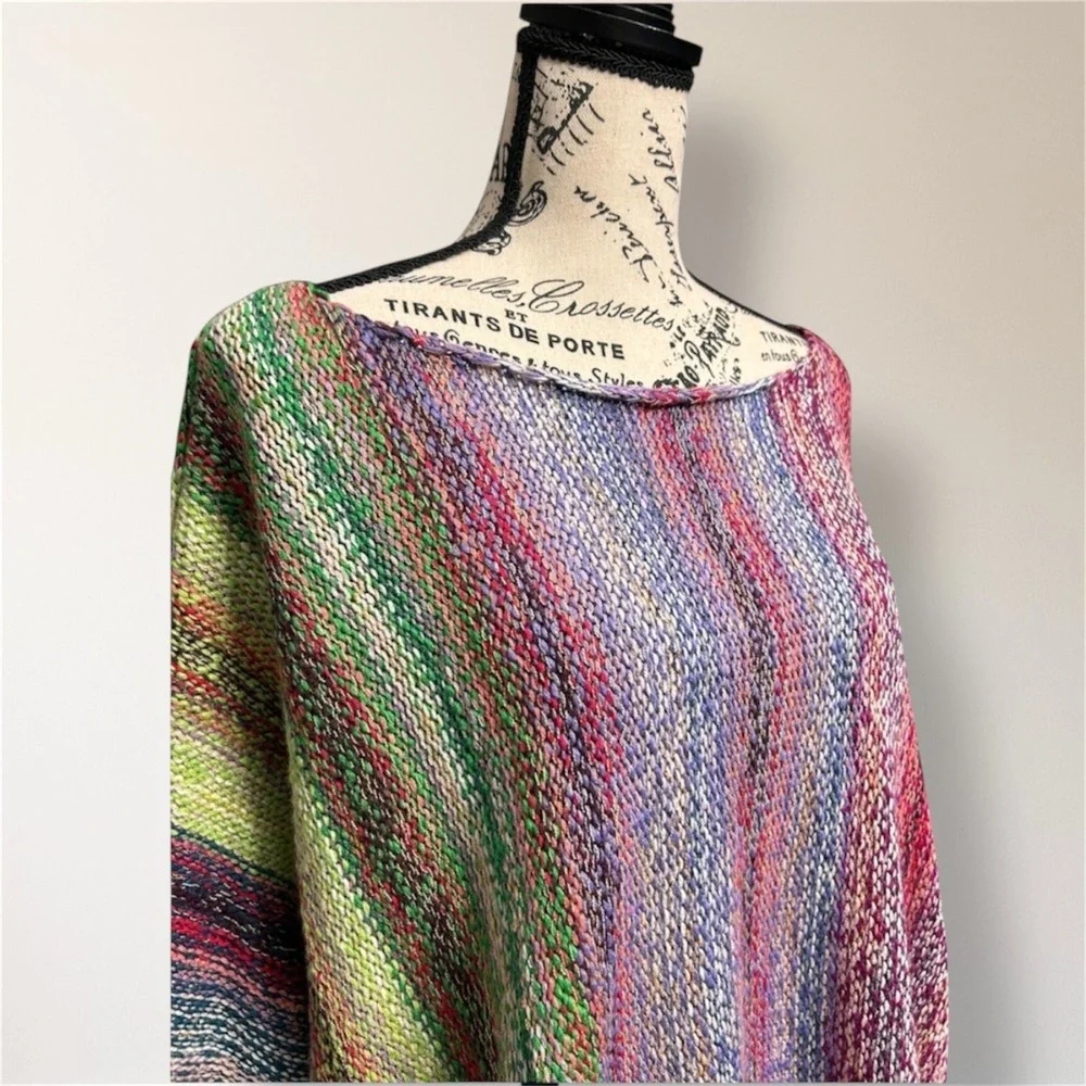 Free‎ People Rainbow Sprite Fringe Poncho Sweater L Oversized Boho Knit NWT $228